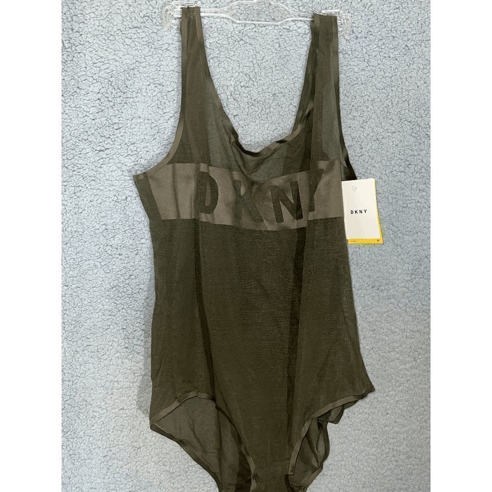 DKNY Sleek Mesh Womens Bodysuit Snap Closure Hunter Green Size M